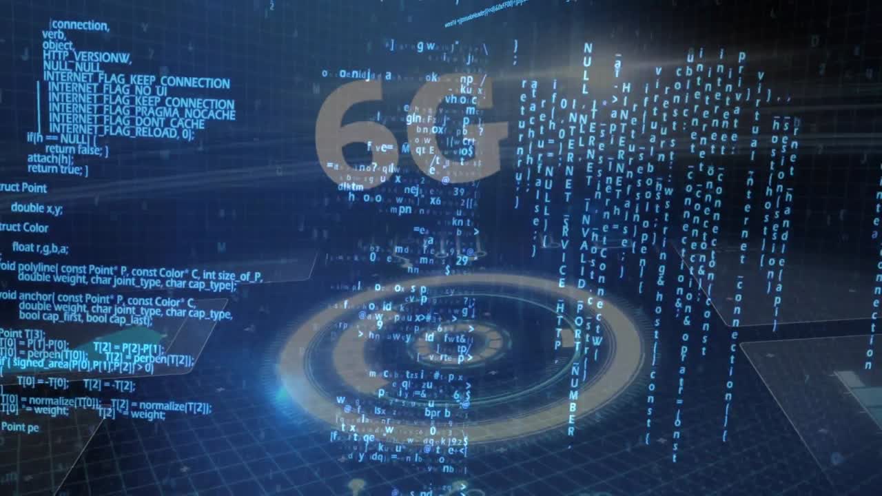 Animation af 6G-tekst og lysende information, der bevæger sig på en mørk baggrund.