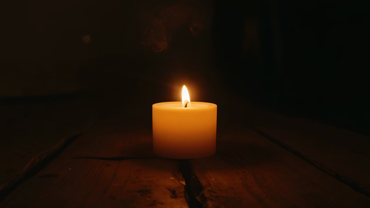 Candela a colonna singola con stoppino acceso tremolante su un asse di legno in una stanza in penombra, che emette una sottile colonna di fumo.