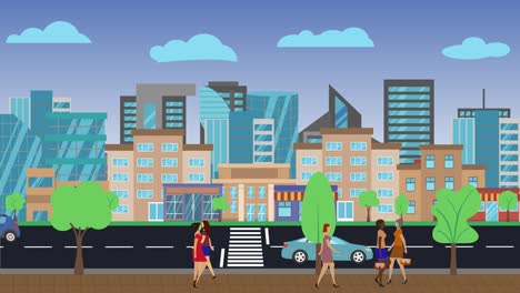 panoramic view of city background, cars rides on the road around, people walking on the street, flat design