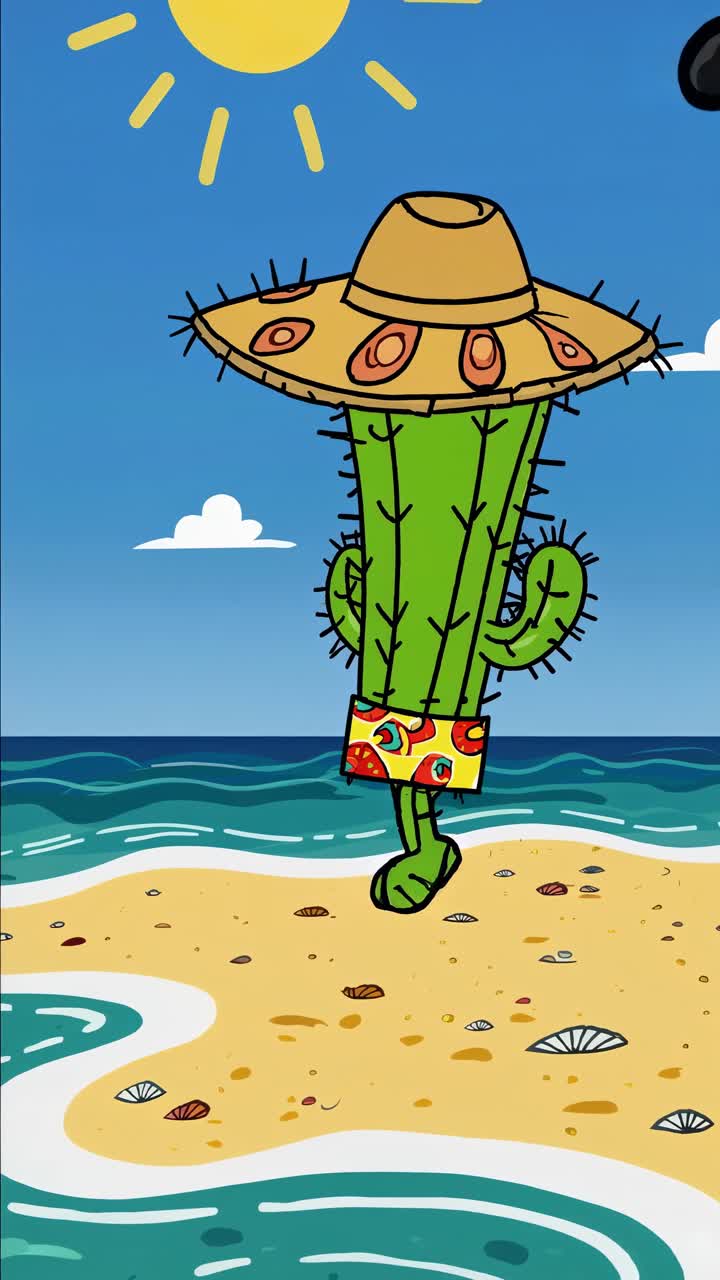 Funny cartoon cactus wearing a colorful swimsuit and a straw hat, enjoying summer vacations while walking along the beach under the bright sun, soaking up the cheerful atmosphere