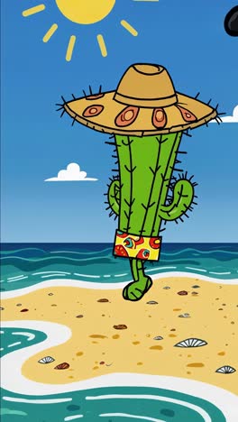 funny cartoon cactus wearing a colorful swimsuit and a straw hat, enjoying summer vacations while walking along the beach under the bright sun, soaking up the cheerful atmosphere