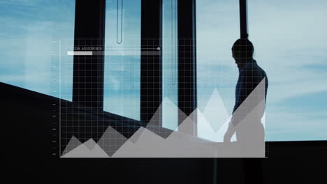 animation of statistical data processing against businesswoman talking on smartphone at office