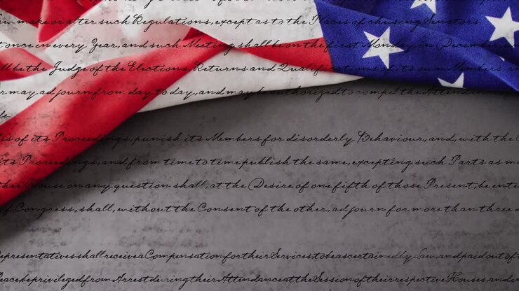 Animation of american constitution text over american flag and grey background