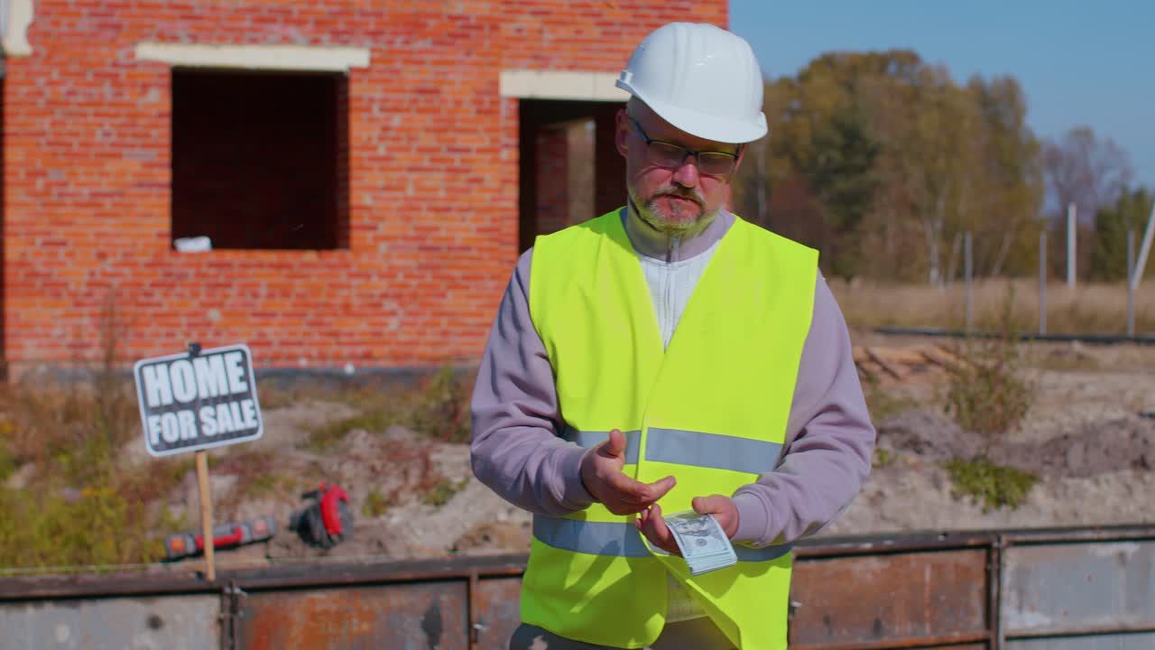 rico agente inmobiliario feliz arquitecto vendiendo casa nueva, hombre de servicio en uniforme con ingresos en efectivo