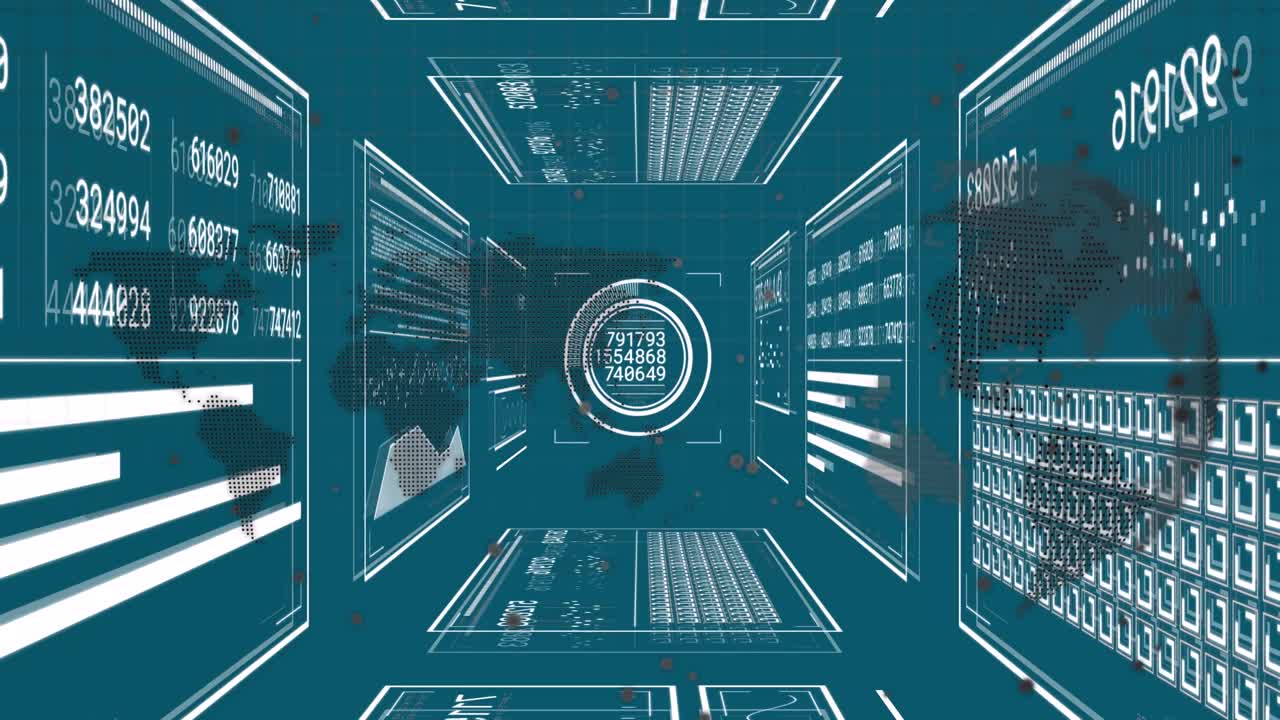 파란색 배경에 있는 지구와 세계 지도에 대한 데이터 처리의 애니메이션