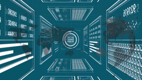 animation of data processing over globe and world map on blue background
