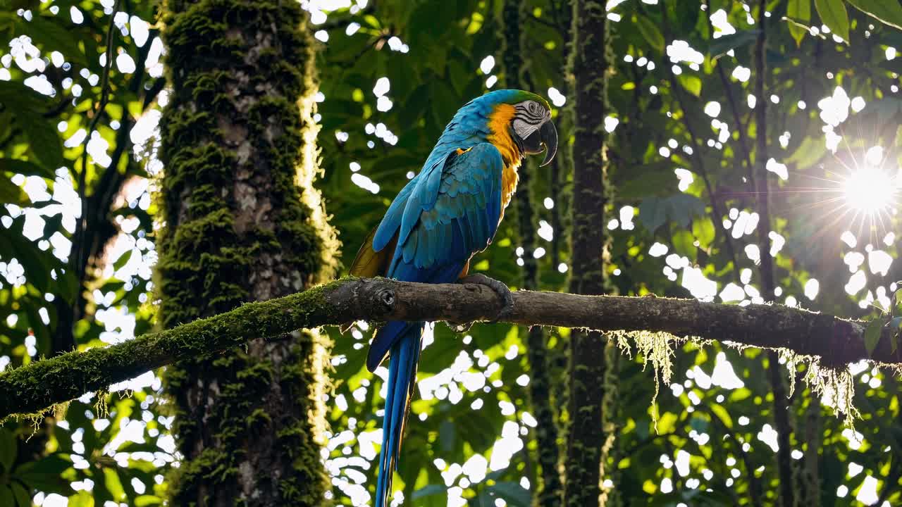 A vibrant parrot perched on a mossy branch in a sunlit forest, captured from a side angle