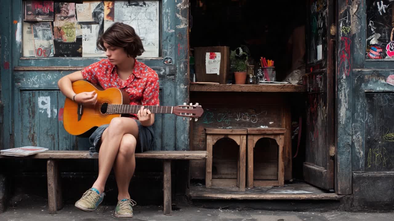 A Young Musician Strums an Acoustic Guitar on a Quaint Bench Outside a Rustic Venue, Capturing the Essence of Artistic Expression and Creative Vibes in the Urban Setting