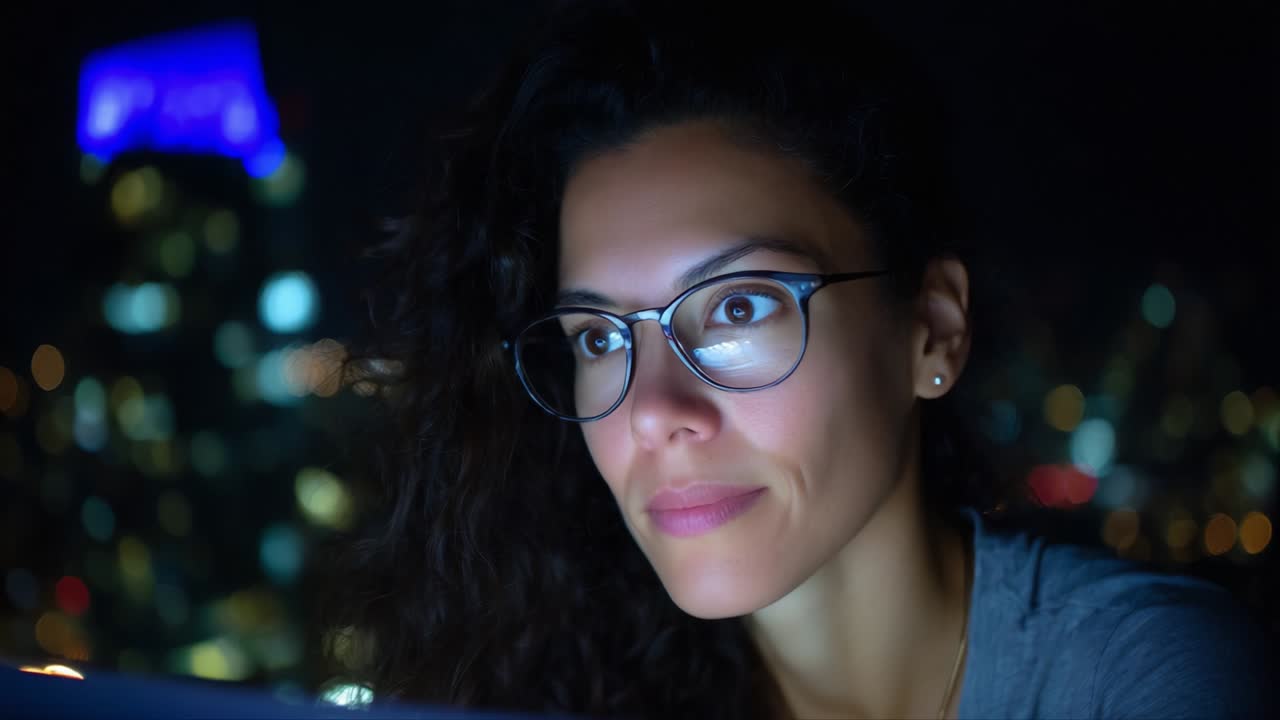 A captivating moment of concentration and engagement as a woman with curly hair and glasses gazes intently at a screen, illuminated by the city lights and showcasing a serene urban nighttime atmosphere