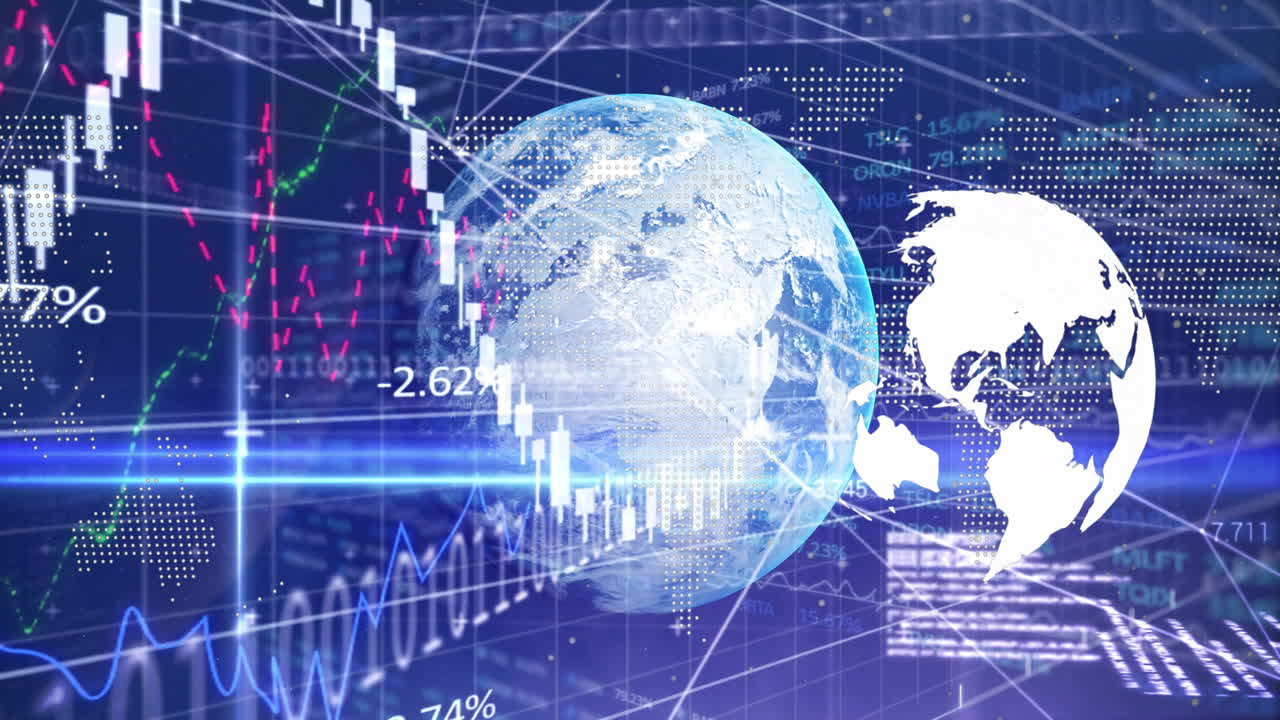 Financial graphs and data processing animation surrounding globe in digital concept