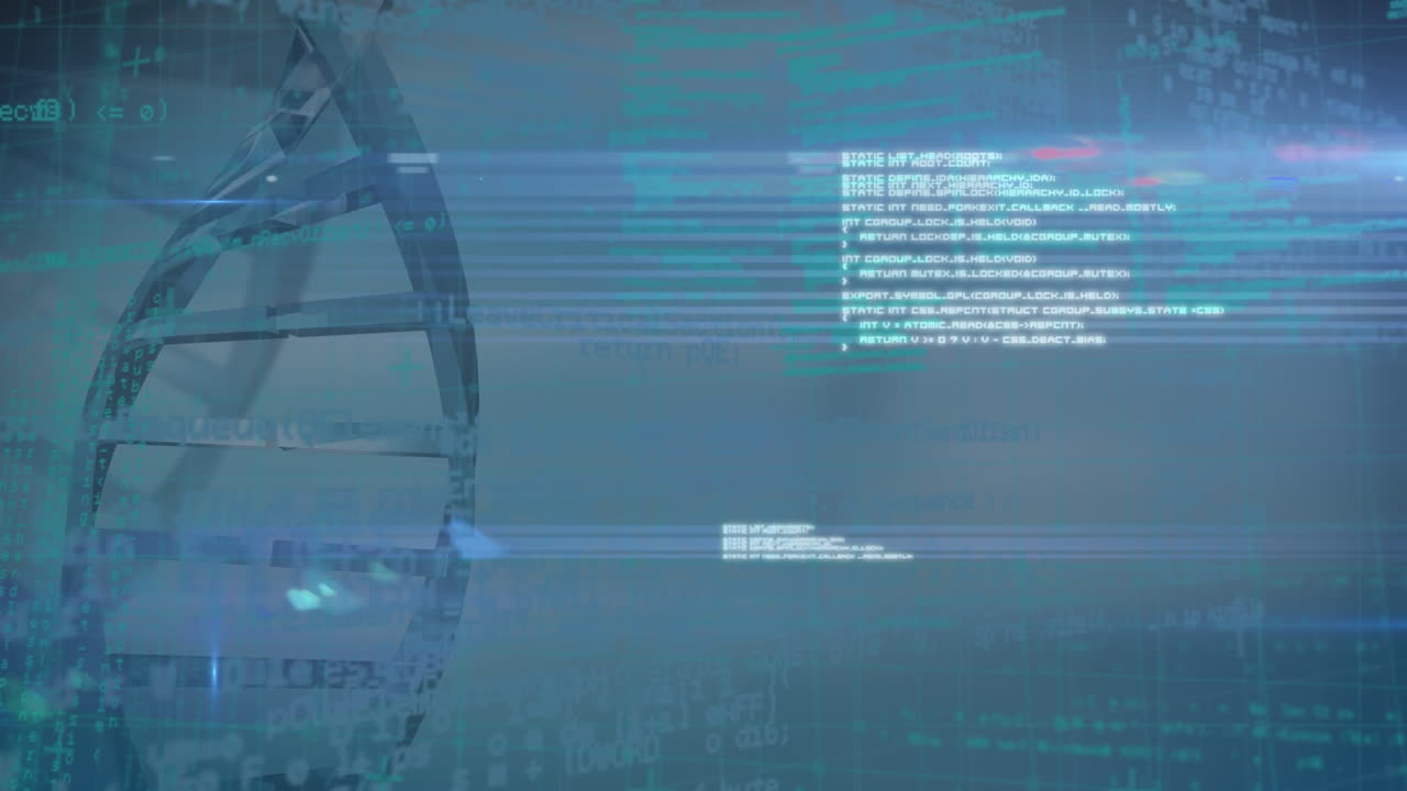 animación del procesamiento de datos y las estructuras de adn girando contra un fondo azul