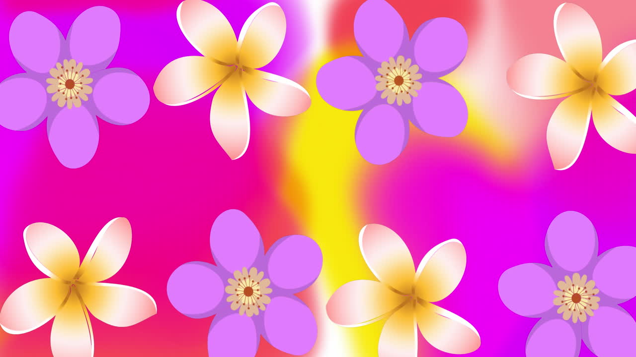 animación de iconos de flores sobre un fondo de colores.