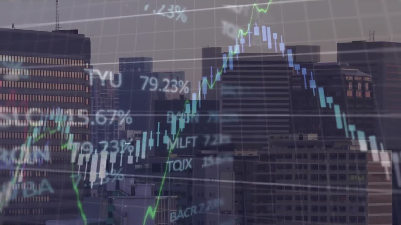 animación del procesamiento de datos financieros y bursátiles frente a una vista aérea del paisaje urbano