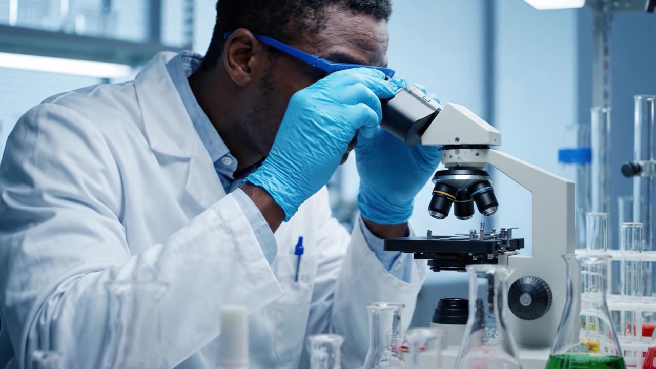 A dedicated scientist meticulously examining samples under a microscope while conducting experiments in a laboratory filled with colorful chemicals and glassware