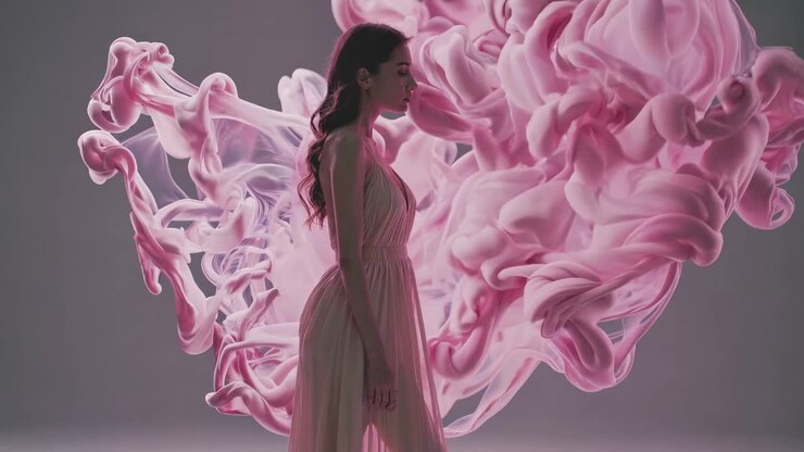 Donna elegante nel fumo rosa