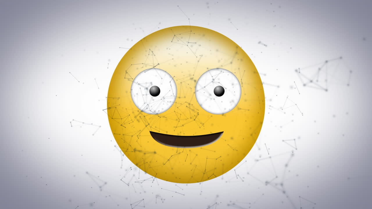 animación digital de una red de conexiones sobre un emoji de cara tonta sobre un fondo gris