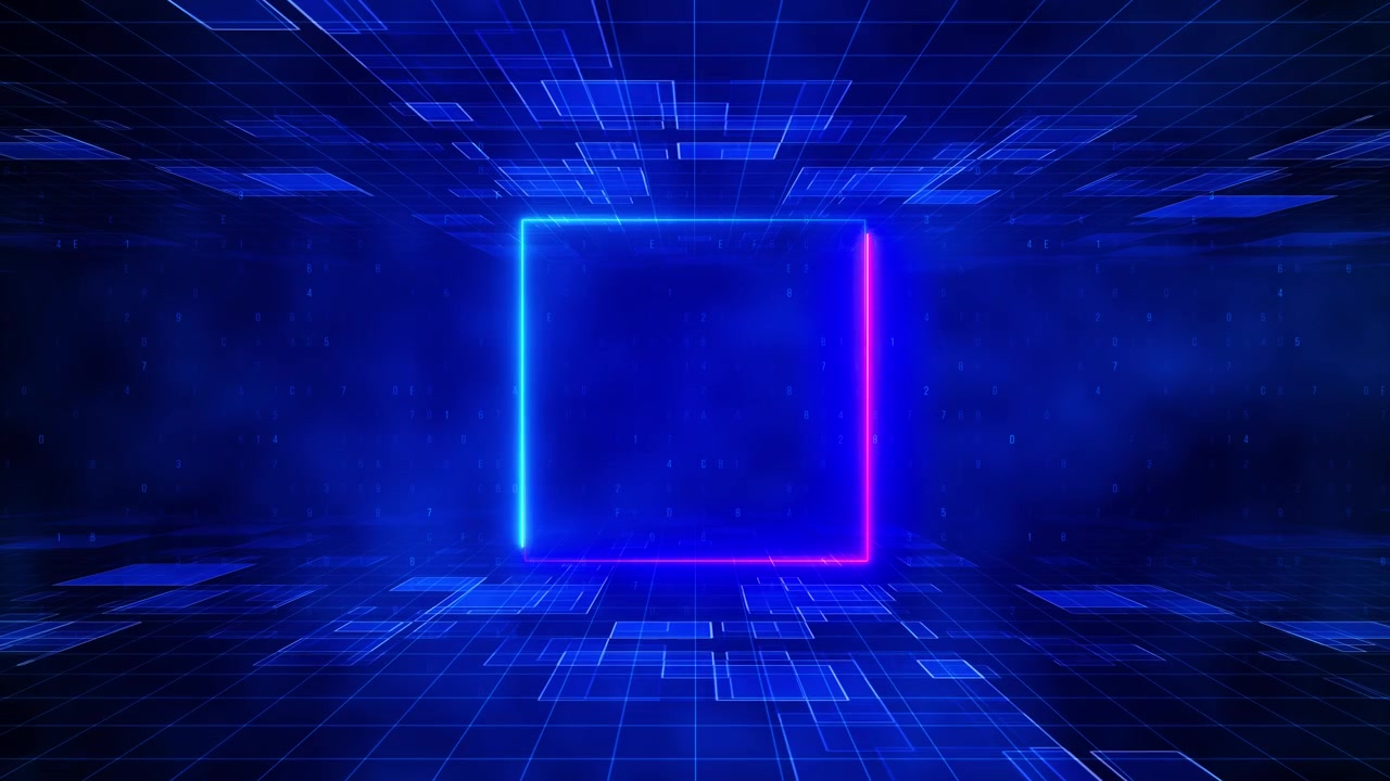 Neon blue cube grid interface with glowing square frame futuristic room perspective floating panels