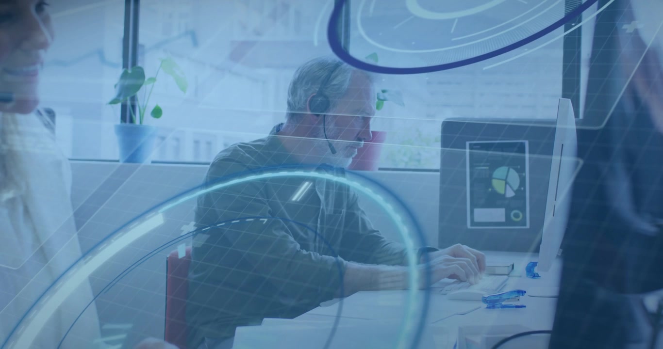IT support agent typing on keyboard initiating interfaces converging for metrics analysis