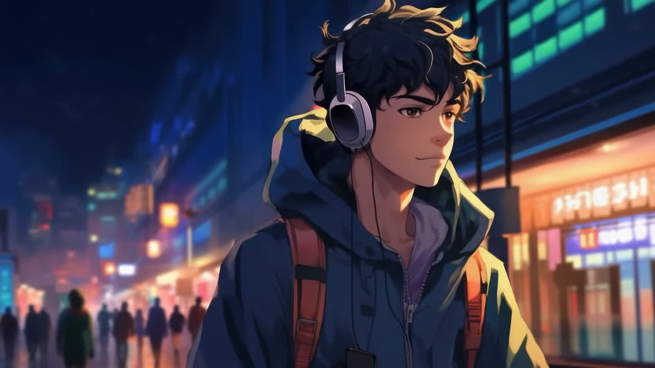 Joven de estilo anime con auriculares caminando por una calle de la ciudad de noche