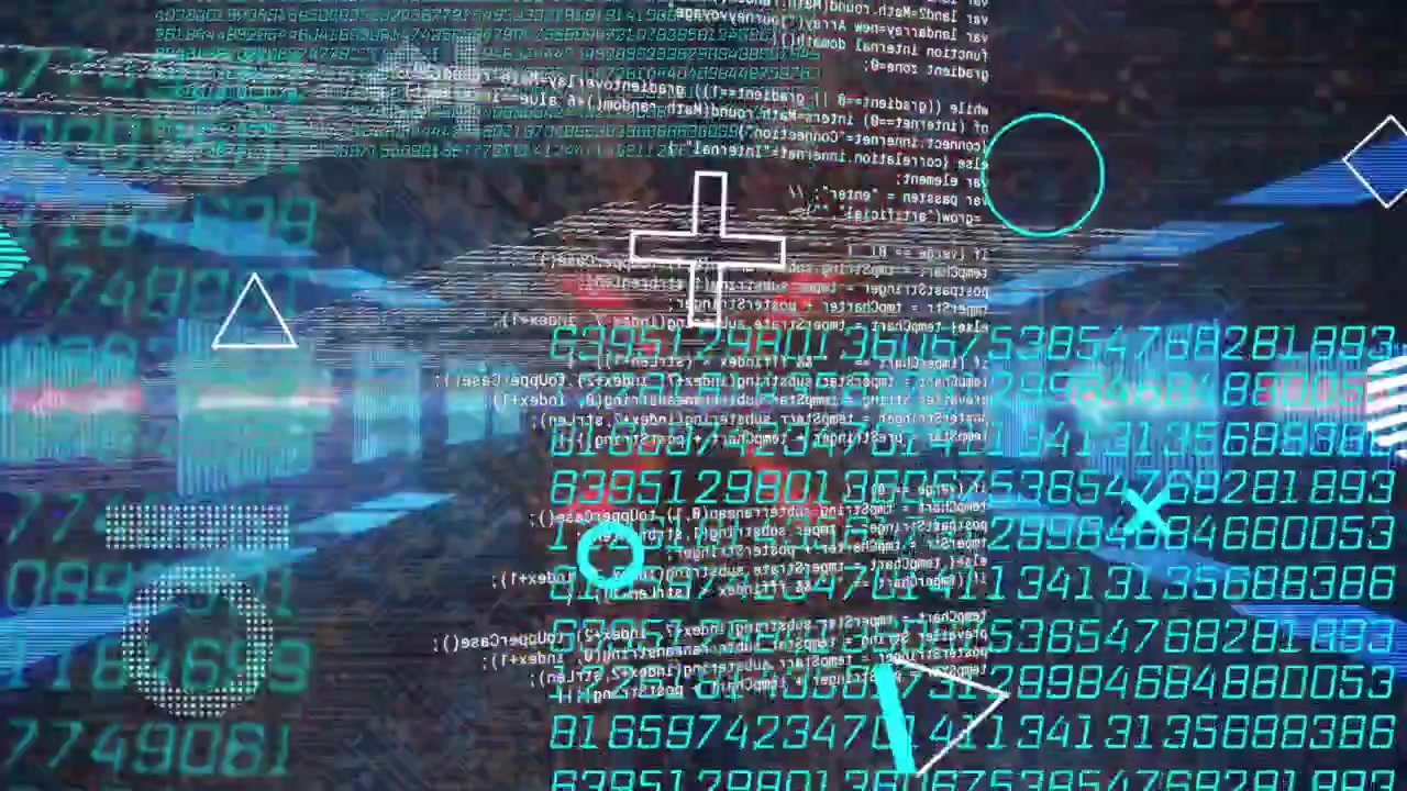 Telecamera che avanza, tunnel di dati che si allontana, cifre a cascata e icone HUD che pulsano per una scansione dati.