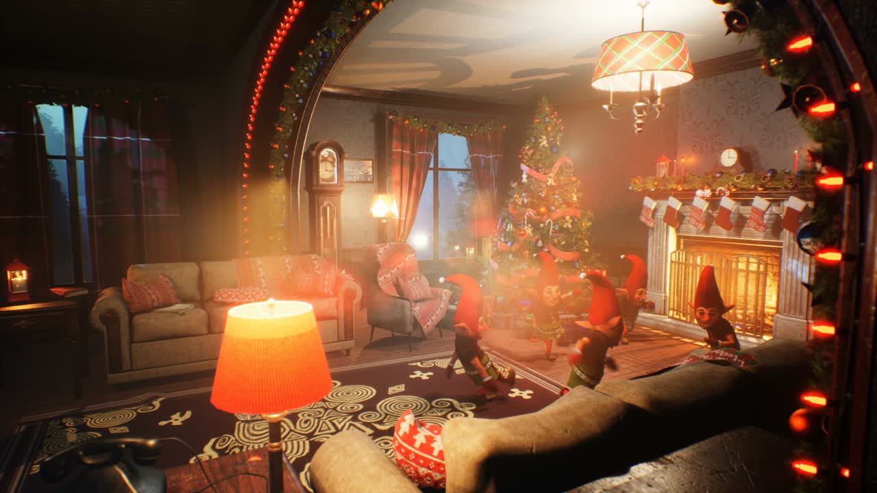 크리스마스 날 크리스마스 트리 근처에서 춤을 추는 즐거운 엘프 크리스마스 및 새해 이브 분위기 컨셉: 루프 애니메이션은 축제, 크리스마스와 새해 이프 배경에 이상적입니다.