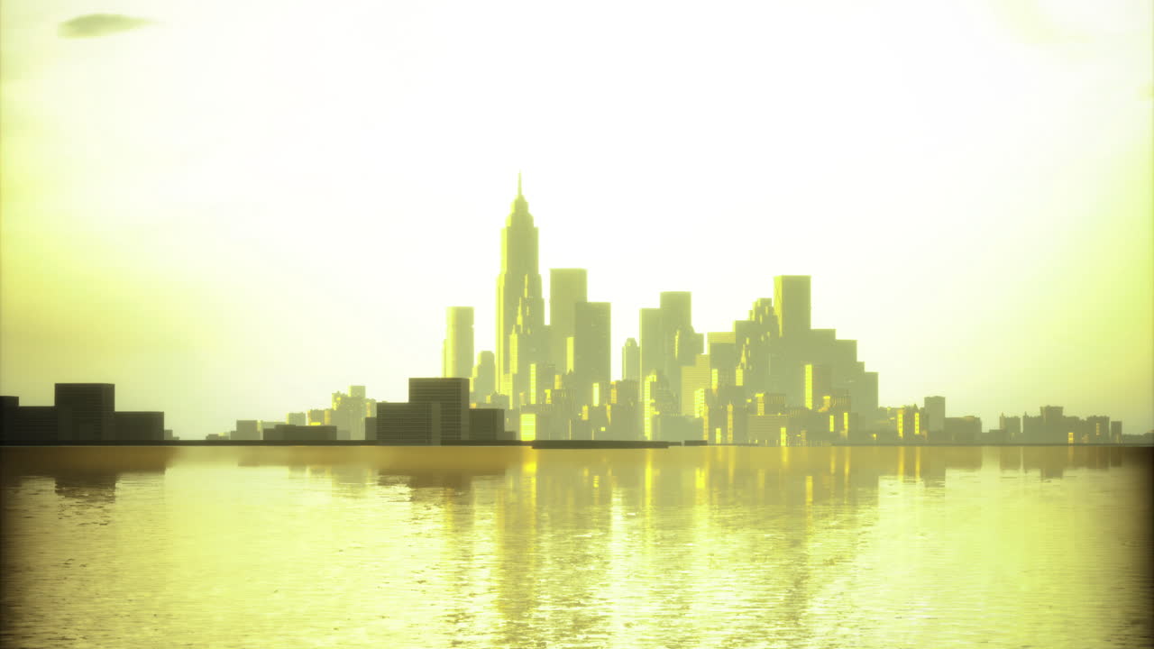 Sunset reflections over a city skyline near the water surface