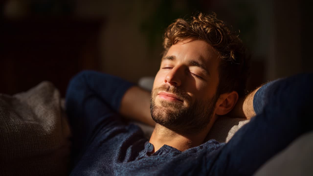 Relaxation in Light: A Man's Peaceful Moment of Calmness and Contentment While Sitting on a Sofa with a Gentle Smile Under Natural Sunlight