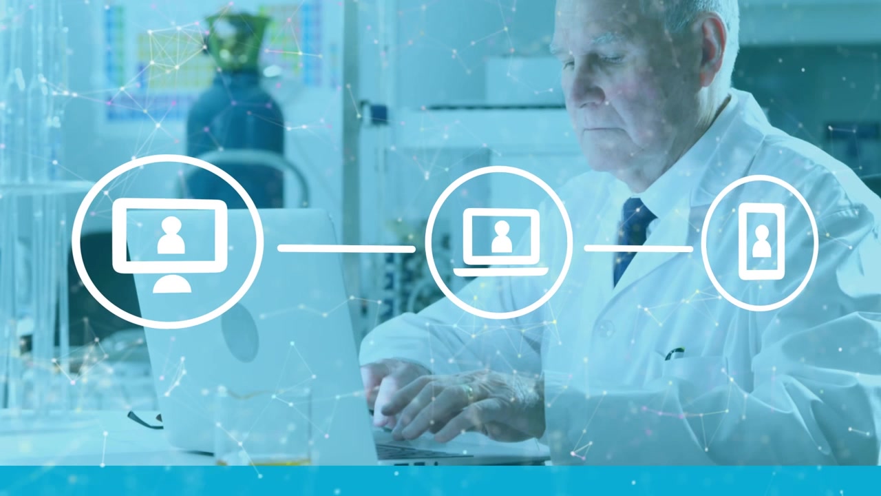 Animation of media icons over caucasian male doctor in lab