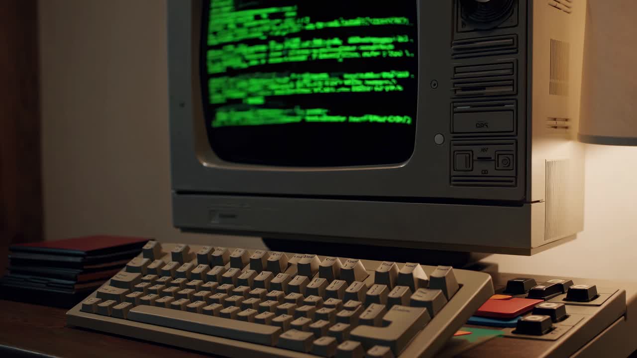 Vintage Computer with Code on Screen