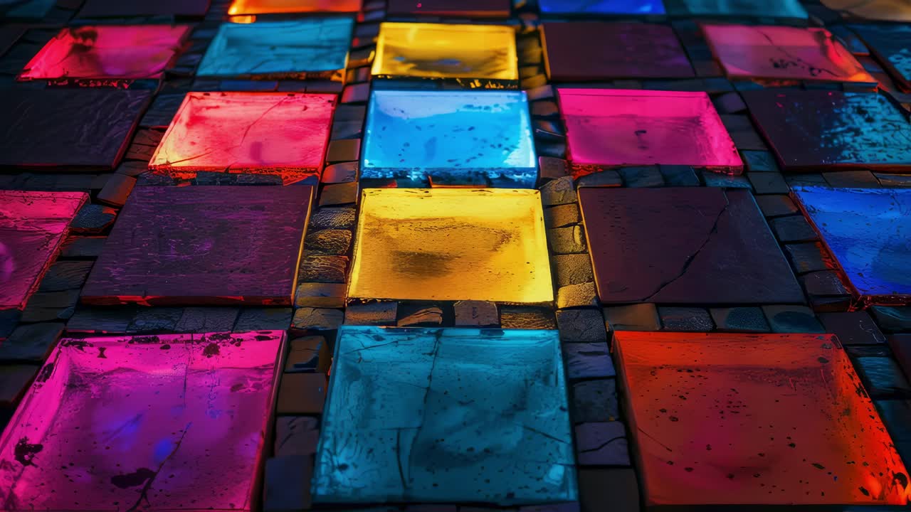 Dark floor featuring embedded luminescent glass tiles shifting through vibrant color spectrum, generating immersive mesmerizing visual display with dynamic gradient transitions