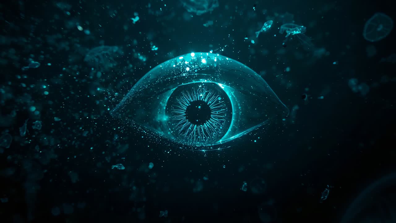 One-second frames showing iris emerging bioluminescent dust, mechanical eye intensifying underwater