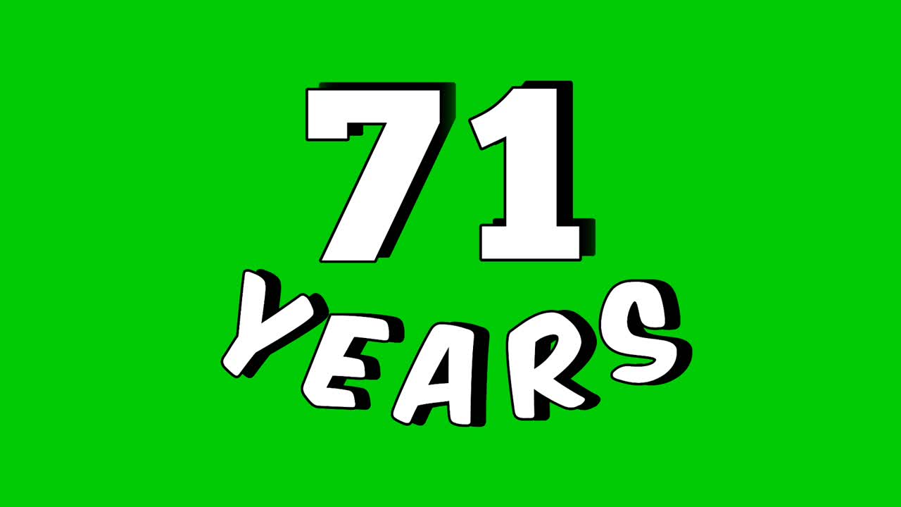 Cartoon style number 71 years text animation on a green screen background, perfect for birthday, anniversary, and celebration videos. Motion graphic element with chroma key for easy integration