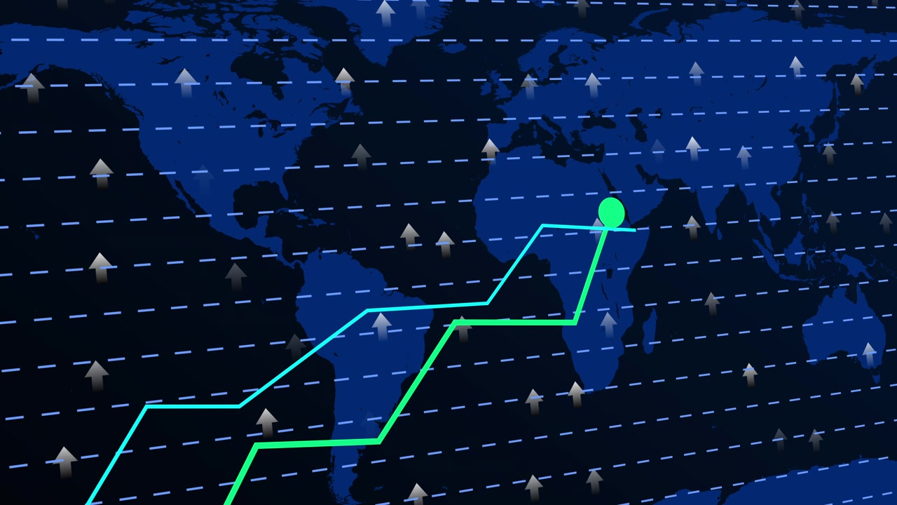 Mappa del mondo digitale con grafico di crescita finanziaria in aumento