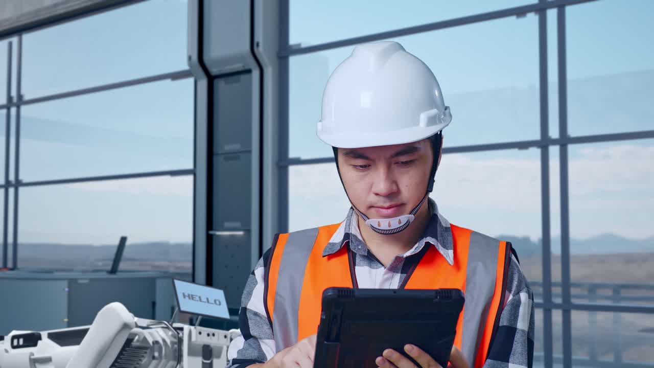 Primer plano de ingeniero asiático con casco de seguridad trabajando en una tablet mientras está de pie en una fábrica de alta tecnología, analizando el concepto de máquina robótica.