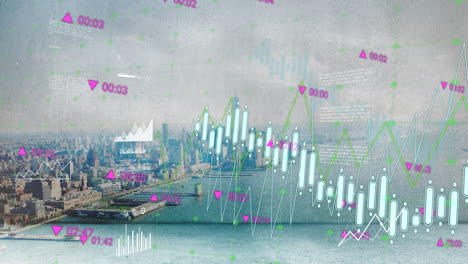 Animation-of-stock-market-and-diagrams-over-cityscape