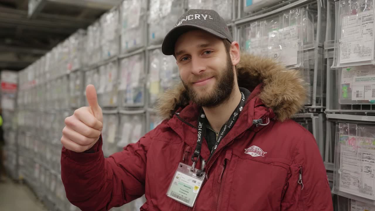 Friendly Warehouse Worker Giving Thumbs Up in Organized Storage Environment, Showcasing Positive Attitude and Commitment to Teamwork