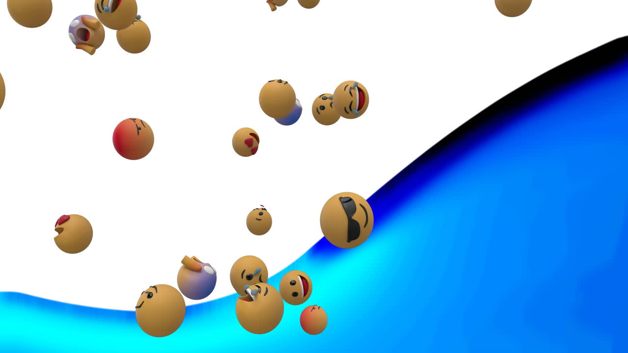 Animation of social media emoji icons floating on white and blue background