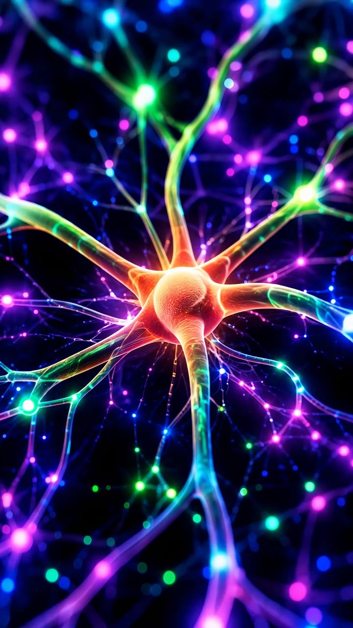 Glowing neuron-like network with radiating branches and intensifying luminous nodes across near-black backdrop, showing central soma, translucent filaments, vivid red-orange energy