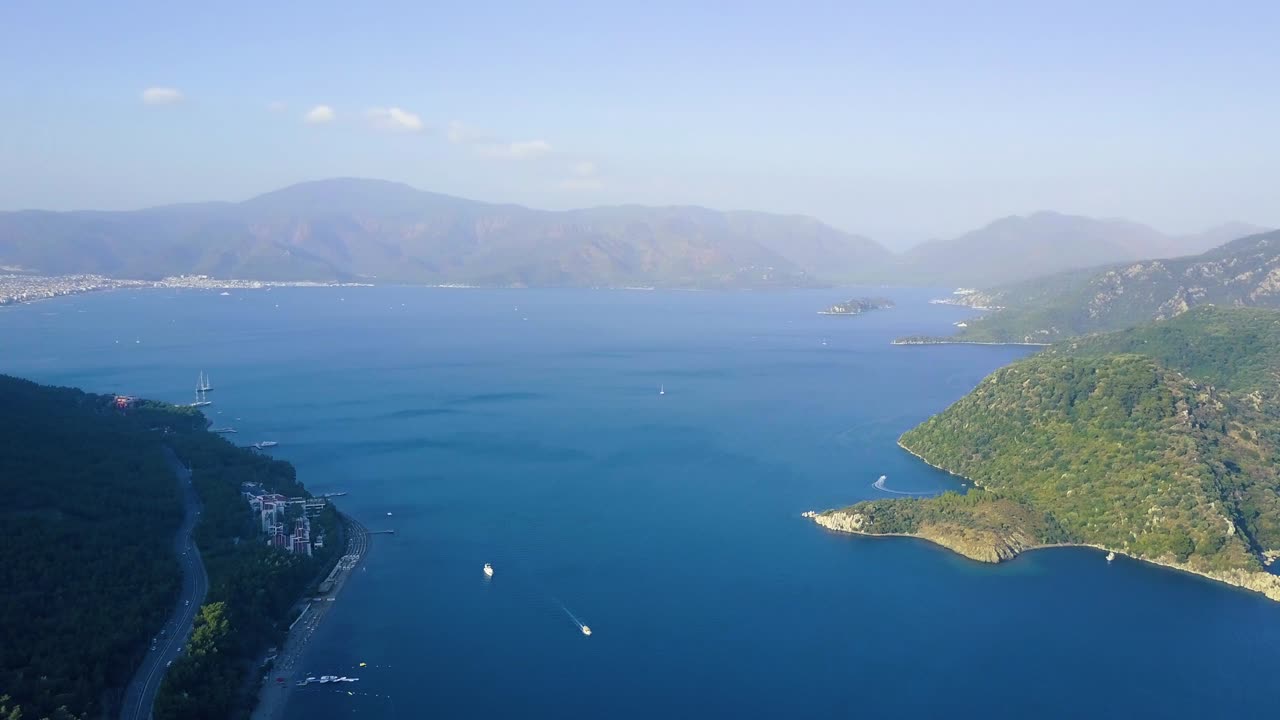 View from drone of Marmaris bay with lots of yachts and sailboats
