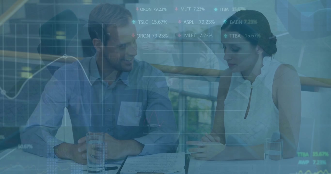 Animation of financial data processing over diverse business people working in office