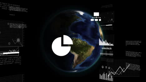 Animation-of-media-icons,-charts-and-processing-data-over-globe-rotating-in-space