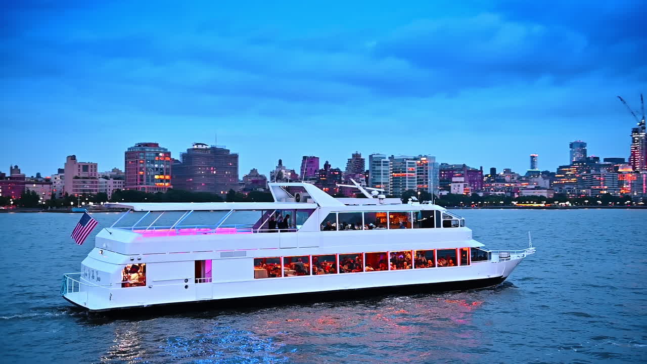 People travel by the modern riverboat by the river in New York, USA. Dazzling skyline at the waterfront