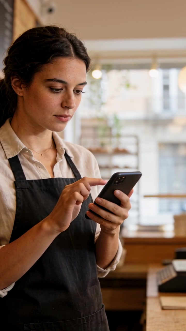 Vertical video: Picking up smartphone, woman tapping screen at cafe counter, wearing black apron