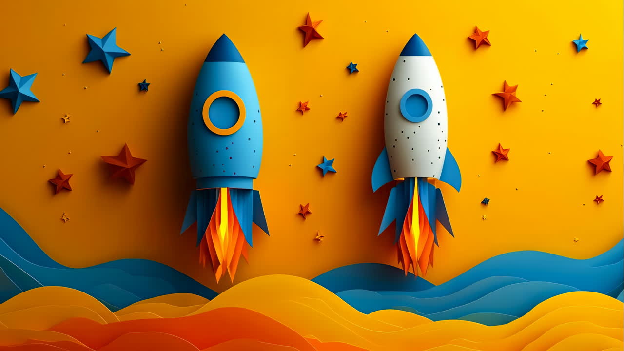 Two paper craft space rockets launching into starry sky. Flat lay of blue and white paper cutout rockets with orange flames over wavy blue layers and yellow background with stars