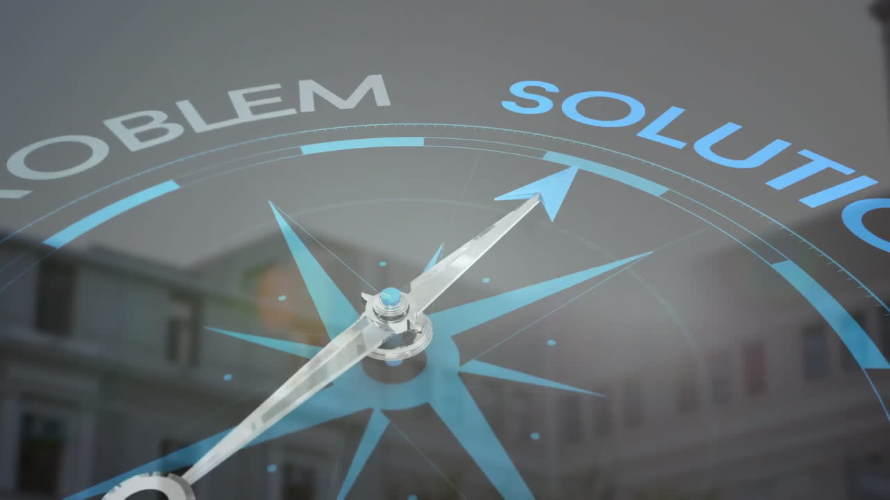 Animation of compass with solution text over cityscape