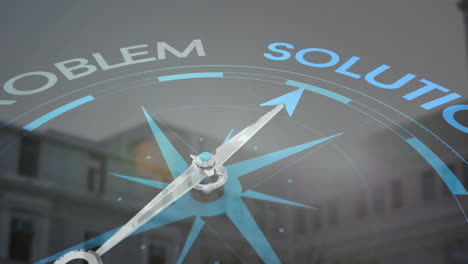 animation of compass with solution text over cityscape