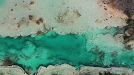 gente nadando en el río tropical, rápidos de bacalar méxico, 4k aéreo de arriba hacia abajo