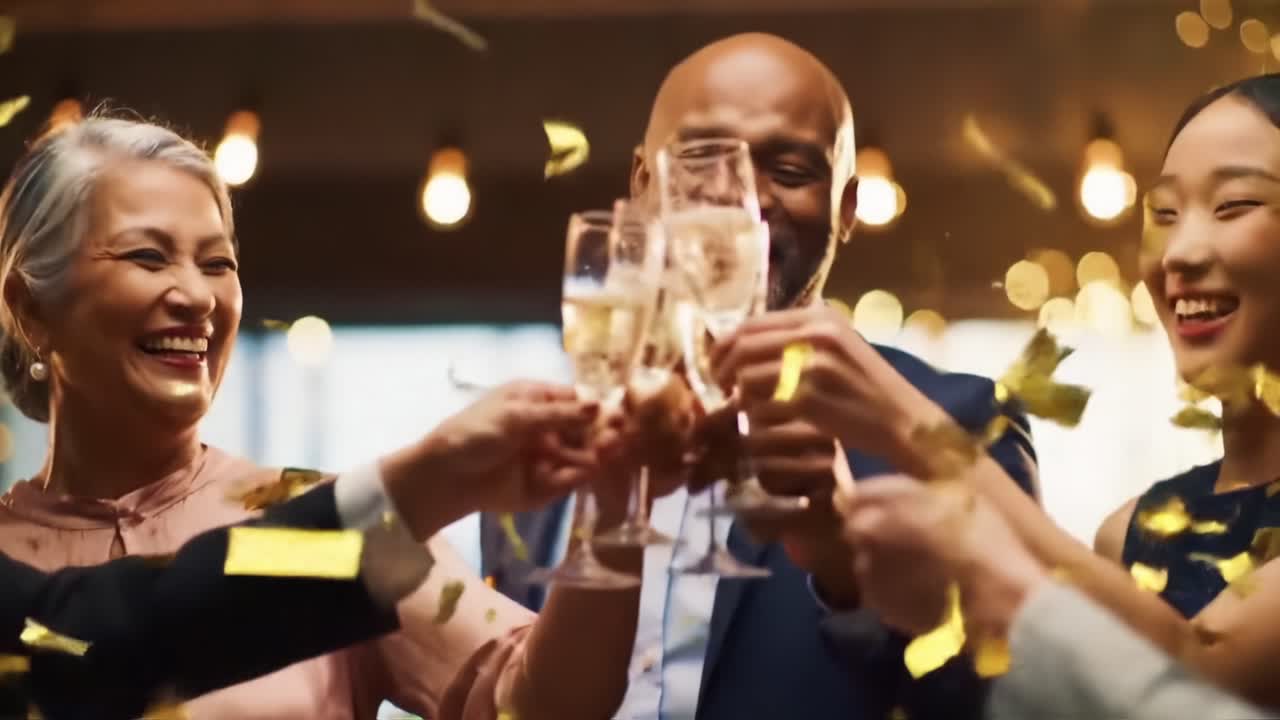 A Joyous Celebration of Togetherness: Friends Celebrating with Sparkling Toasts and Laughter in a Warm, Festive Atmosphere Filled with Lights and Cheer