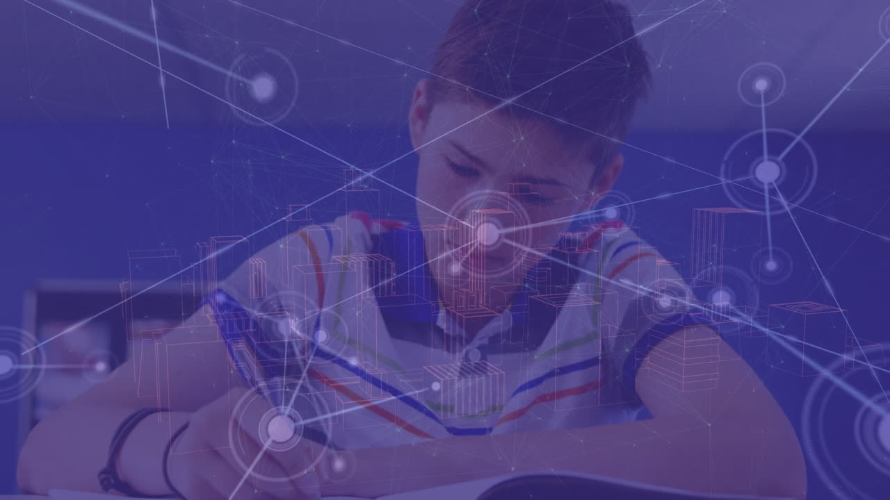 Animation of network of connections over caucasian schoolboy learning