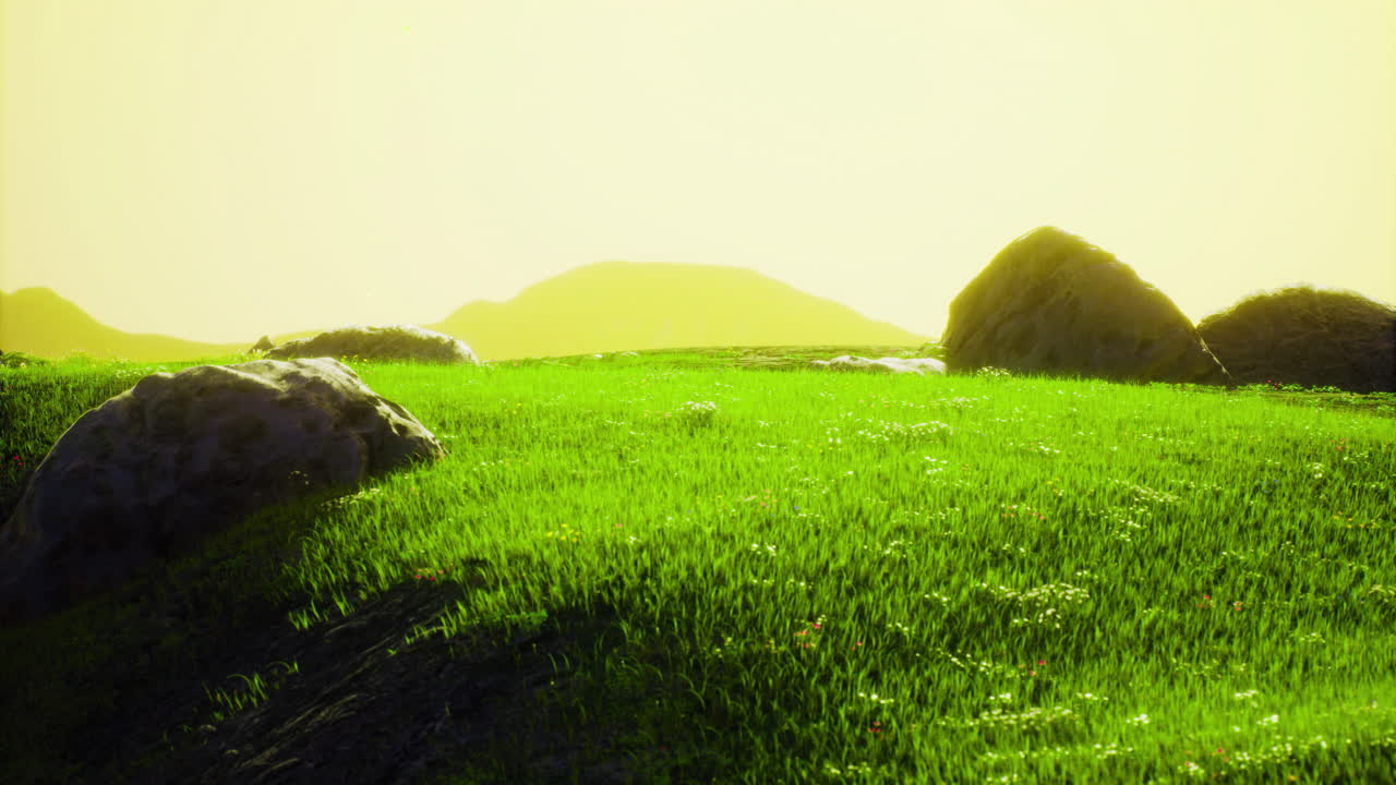 Lush grassy landscape under bright yellow sky with distant hills in view